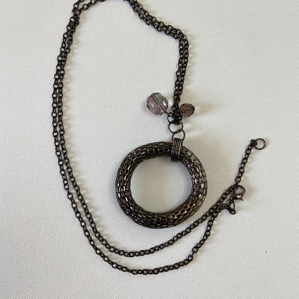 Unique Steele Gray Long Necklace with Circle Pendant - Picture 2 of 6
